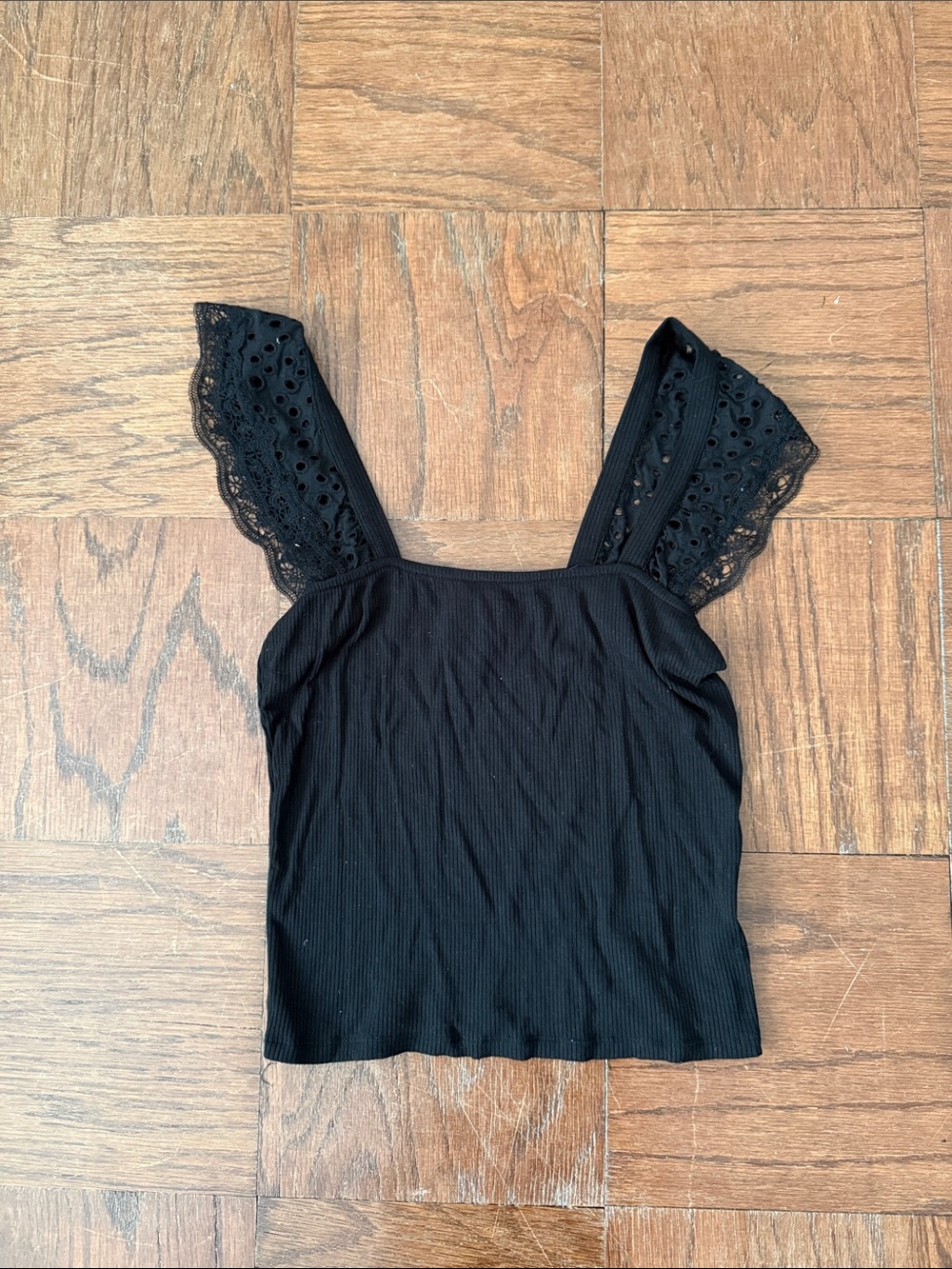 Heartloom Black Ribbed Tank with Lace Eyelet Straps